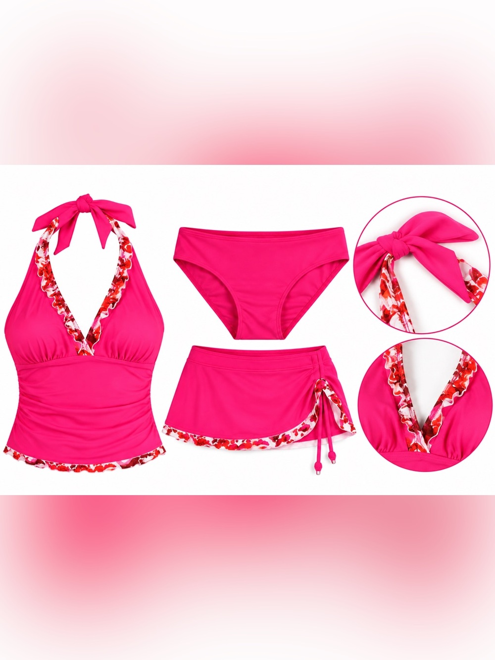 Beachsissi Pink Floral 3 Piece Tankini Swimsuit Skirt Set Size M NWT
